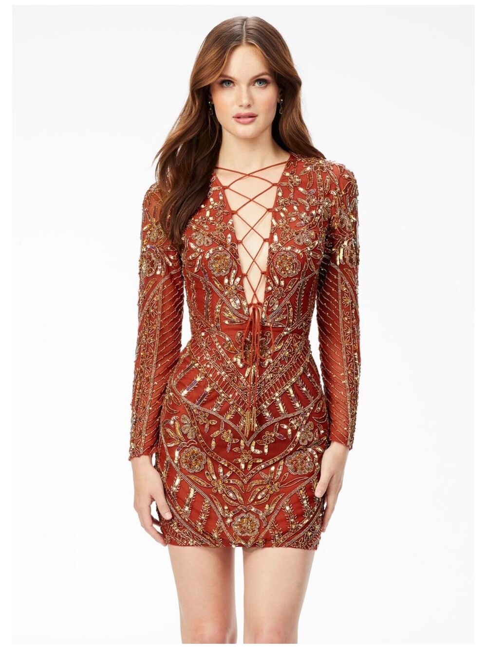 Amber Gold Long Sleeve Beaded Short Formal Dress Lace-Up Cocktail Mini Size 4